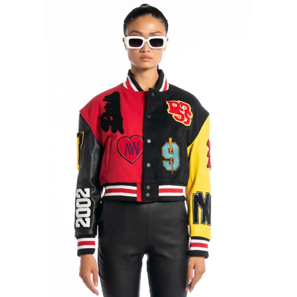Azalea Wang Cropped Varsity Jacket M Red Yellow Faux Leather Colorblock Bomber